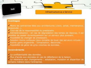 Avantages

Moins de contraintes liées aux architectures (choix, achat, maintenance,
évolutivité…).
Tout est de la responsabilité du prestataire.
Dématérialisation : en cas de dégradation des temps de réponse, il est
possible de passer dynamiquement sur un serveur plus puissant.
Possibilité de changer de prestataire.
Solution moins coûteuse (plus rentable de louer des serveurs virtuels )
Autres gains engendrés : climatisation, électricité…
Possibilité de gérer de gros volumes de données.
Inconvénients

La confidentialité des données.
Plus d’accès aux données en cas de défaillance de la liaison.
La résistance aux changements : adaptation, mutation et disparition
certains métiers dans l’entreprise.

de
20

 