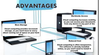 Worldwide Access
Cloud computing increases mobility,
as you can access your documents
from any device in any part of the
world.
Reduced Cost
Cloud computing is often inexpensive.
The software is already installed
online, so you won’t need to install it
yourself.
More Storage
Cloud computing provides increased
storage, so you won’t have to worry
about running out of space on your hard
drive.
 
