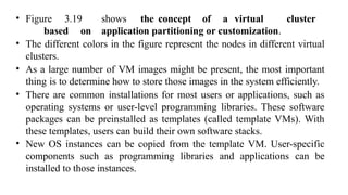 • Figure 3.19 shows the concept of a virtual cluster
based on application partitioning or customization.
• The different colors in the figure represent the nodes in different virtual
clusters.
• As a large number of VM images might be present, the most important
thing is to determine how to store those images in the system efficiently.
• There are common installations for most users or applications, such as
operating systems or user-level programming libraries. These software
packages can be preinstalled as templates (called template VMs). With
these templates, users can build their own software stacks.
• New OS instances can be copied from the template VM. User-specific
components such as programming libraries and applications can be
installed to those instances.
 