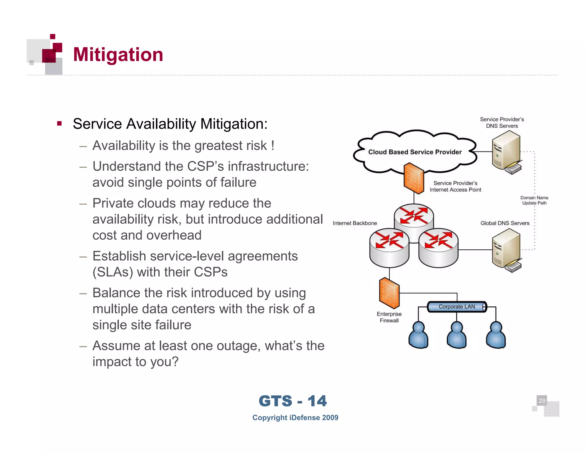 Mitigation


      Service Availability Mitigation:
       – Availability is the greatest risk !
       – Understand the CSP’s infrastructure:
         avoid single points of failure
       – Private clouds may reduce the
         availability risk, but introduce additional
         cost and overhead
       – Establish service-level agreements
         (SLAs) with their CSPs
       – Balance the risk introduced by using
         multiple data centers with the risk of a
         single site failure
       – Assume at least one outage, what’s the
         impact to you?


 29
                                        GTS - 14                 29

29
                                       Copyright iDefense 2009
 