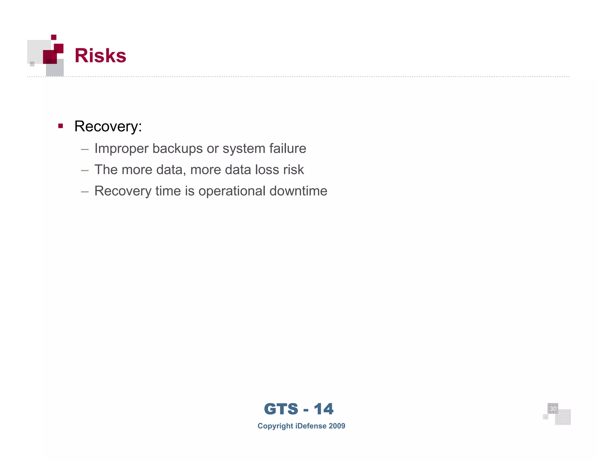 Risks


      Recovery:
      – Improper backups or system failure
      – The more data, more data loss risk
      – Recovery time is operational downtime




 30
                                   GTS - 14                 30

30
                                  Copyright iDefense 2009
 