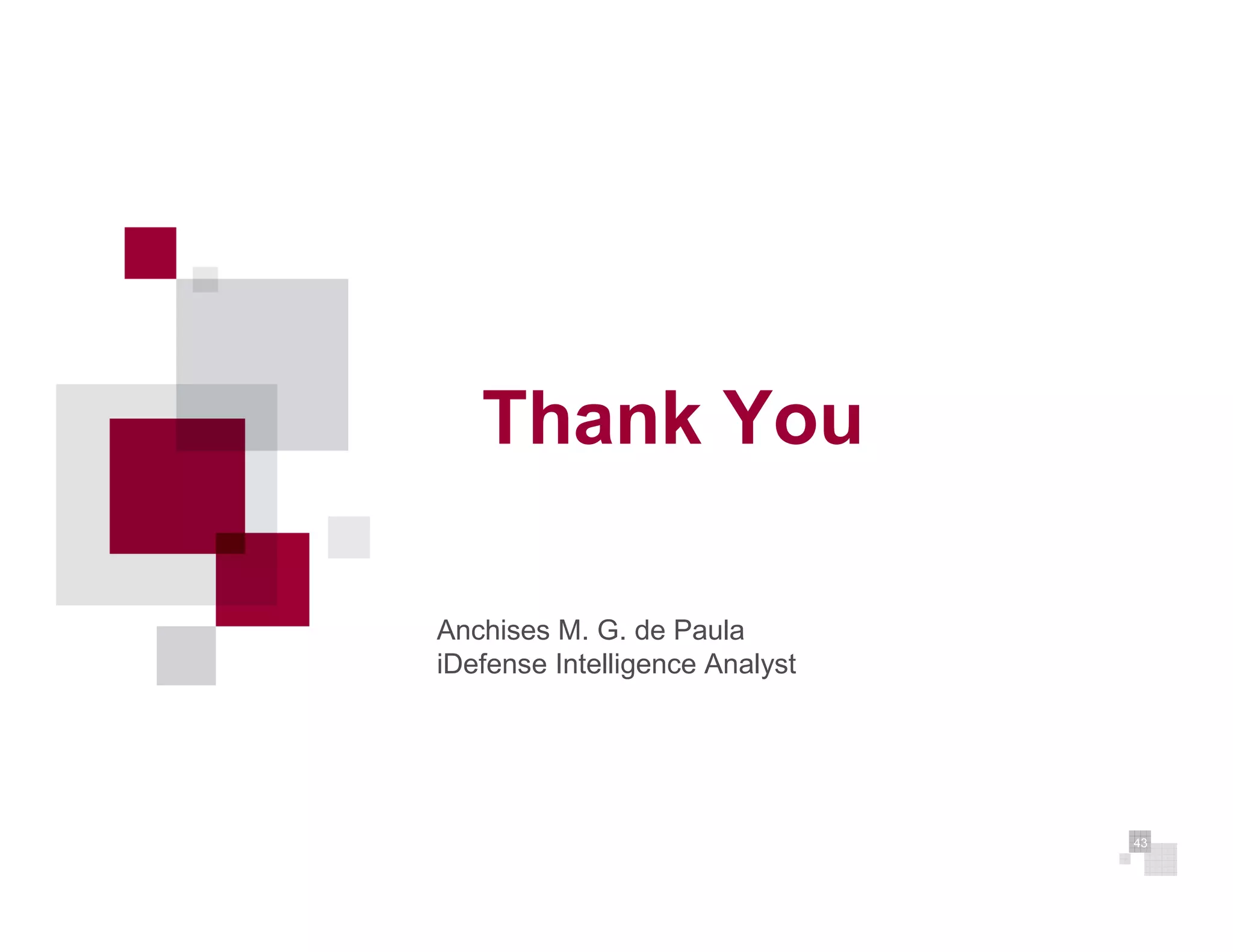 Thank You

Anchises M. G. de Paula
iDefense Intelligence Analyst




                                43
 