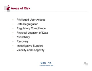 Areas of Risk


       ▪   Privileged User Access
       ▪   Data Segregation
       ▪   Regulatory Compliance
       ▪   Physical Location of Data
       ▪   Availability
       ▪   Recovery
       ▪   Investigative Support
       ▪   Viability and Longevity



 14
                               GTS - 14                 14

14
                              Copyright iDefense 2009
 