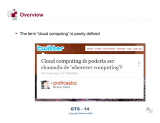 Overview


     The term “cloud computing” is poorly defined




                                 GTS - 14                 7

77
                                Copyright iDefense 2009
 