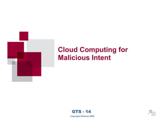 Cloud Computing for
     Malicious Intent




36
         GTS - 14                 36

        Copyright iDefense 2009
 