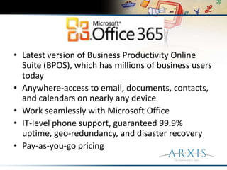 Latest version of Business Productivity Online Suite (BPOS), which has millions of business users todayAnywhere-access to email, documents, contacts, and calendars on nearly any deviceWork seamlessly with Microsoft OfficeIT-level phone support, guaranteed 99.9% uptime, geo-redundancy, and disaster recovery Pay-as-you-go pricing