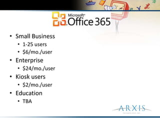 Small Business1-25 users$6/mo./userEnterprise$24/mo./userKiosk users$2/mo./userEducationTBA