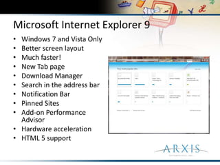 Microsoft Internet Explorer 9Windows 7 and Vista OnlyBetter screen layoutMuch faster!  New Tab pageDownload ManagerSearch in the address barNotification BarPinned SitesAdd-on Performance AdvisorHardware accelerationHTML 5 support