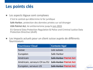 Les points clés
● Les aspects légaux sont complexes
   C’est le contrat qui détermine le for juridique
   Safe Harbor, protection des données privées sur sol étranger
   USA Patriot Act, loi antiterrorisme jusqu’à Juin 2015
   EU General Data Protection Regulation & Police and Criminal Justice Data
   Protection Directive (draft)

● Les impacts actuels pour un client suisse auprès de différents
  fournisseurs
          Fournisseur Cloud                Contexte légal
          Suisse                           Lois suisses
          Européen                         Safe Harbor
          Américain                        Safe Harbor Patriot Act
          Américain, serveurs CH ou EU Safe Harbor Patriot Act
          Européen, serveurs US            Safe Harbor Patriot Act
 