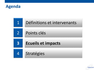Agenda


    1    Définitions et intervenants

    2    Points clés

    3    Ecueils et impacts

    4    Stratégies
 