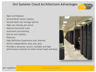 Uni Systems Cloud Architecture Advantages


•   Open and Modular
•   Several Multi-tenant options
•   Several Multi-tier storage options
•   High user density per server
•   Massive horizontal scale
•   Autonomic provisioning
•   End-to-end visibility
•   Elasticity
•   High Definition Experience over Internet
•   Device independence (Any, Any, Any)
•   Provides a personal, secure, scalable and high
    performance solution for Multi-tenant SaaS and DaaS




                                       Uni Systems Copyright © 2012   14
 