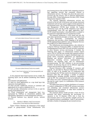 (a) Current relation between Cloud service models 
(b) current relation between Cloud service models 
Figure 3. Inter-Cloud Architecture for Cloud interoperability and integration. 
In the proposed Inter-Cloud layered service model, the following layers can be defined (numbering from bottom up): 
(6) Customers and applications, 
(5) SaaS (or cloud applications) as a top cloud layer that represents cloud applications, 
(4) PaaS provides middleware services to customers and applications (6) or used as a platform for (5), 
(3) IaaS provides infrastructure services to (6) or used for hosting cloud platforms (4), 
(2) Cloud virtualisation and management layer (e.g. represented by VMWare as virtualisation platform, and OpenNebula, OpenStack as cloud management software), 
(1) Physical hardware (e.g. physical servers, network devices). 
V. ABSTRACT MODEL FOR CLOUD BASED INFRASTRUCTURE SERVICES PROVISIONING 
Figure 4 below illustrates the abstraction of the typical project or group-oriented Virtual Infrastructure (VI) provisioning process that includes both computing resources and supporting network that commonly referred as infrastructure services. The figure also shows the main actors involved into this process, such as Physical Infrastructure Provider (PIP), Virtual Infrastructure Provider (VIP), Virtual Infrastructure Operator (VIO). 
The required supporting infrastructure services are pictured on the left side of the picture and includes functional components and services used to support normal operation of all mentioned actors. The Virtual Infrastructure Composition and Management (VICM) layer includes the Logical Abstraction Layer and the VI/VR Adaptation Layer facing correspondingly lower PIP and upper application layer. VICM related functionality is described below as related to the proposed Composable Services Architecture (CSA). 
The proposed architecture is SOA based and uses the same basic operational principles as known and widely used by SOA frameworks. Consequently, the proposed architecture also provides a direct mapping to the possible VICM implementation platforms such as Enterprise Services Bus (ESB) [22] or OSGi framework [23]. 
The infrastructure provisioning process, also referred to as Service Delivery Framework (SDF), is adopted from the TeleManagement Forum SDF [24] with necessary extensions to allow dynamic services provisioning. It includes the following main stages: (1) infrastructure creation request sent to VIO or VIP that may include both required resources and network infrastructure to support distributed target user groups and/or consuming applications; (2) infrastructure planning and advance reservation; (3) infrastructure deployment including services synchronization and initiation; (4) operation stage, and (5) infrastructure decommissioning. The SDF combines in one provisioning workflow all processes that are run by different supporting systems and executed by different actors. 
Physical Resources (PR), including IT resources and network, are provided by Physical Infrastructure Providers (PIP). In order to be included into VI composition and provisioning by the VIP they need to be abstracted to Logical Resource (LR) that will undergo a number of abstract transformations including possibly interactive negotiation with the PIP. The composed VI need to be deployed to the PIP which will create virtualised physical resources (VPR) that may be a part, a pool, or a combination of the resources provided by PIP. 
The deployment process includes distribution of common VI context, configuration of VPR at PIP, advance reservation and scheduling, and virtualised infrastructure services synchronization and initiation, to make them available to Application layer consumers. 
The proposed abstract model provides a basis for ICA definition and allows outsourcing the provisioned VI operation to the VI Operator (VIO) who is from the user/consumer point of view provides valuable services of the required resources consolidation - both IT and networks, and takes a burden of managing the provisioned services. Copyright (c) IARIA, 2012. ISBN: 978-1-61208-216-5 178 
CLOUD COMPUTING 2012 : The Third International Conference on Cloud Computing, GRIDs, and Virtualization 
 