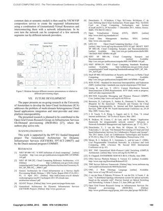 common data or semantic model) is then used by VICM/VIP 
composition service to create the requested infrastructure 
using a combination of (instantiated) Virtual Resources and 
interconnecting them with a network infrastructure. In its 
own turn the network can be composed of a few network 
segments run by different network providers. 
{LR0} -> LR2 
Planning 
Composition 
Reservation 
LR2 -> VR 
VI Deployment 
Physical Resource Logical Resource Virtual Resource 
Network Segment 
Network Segment 
LR0 
Re-usable 
(Published) 
PRs 
Topology Pool 
Network Segment 
PR-LR1 
Config& 
Instantiation 
Registered PRs 
Composed LRs 
Deployed VRs . 
Virtual Infrastructure 
PIP1 PIP2 
Figure 5. Relation between different resource presentations in relation to 
different provisioning stages. 
VII. FUTURE DEVELOPMENT 
The paper presents an on-going research at the University 
of Amsterdam to develop the Inter-Cloud Architecture (ICA) 
addresses the problem of multi-domain heterogeneous Cloud 
based applications integration and inter-provider and inter-platform 
interoperability. 
The presented research is planned to be contributed to the 
Open Grid Forum Research Group on Infrastructure Services 
On-Demand provisioning (ISOD-RG) [27], where the 
authors play active role. 
ACKNOWLEDGEMENTS 
This work is supported by the FP7 EU funded Integrated 
project The Generalized Architecture for Dynamic 
Infrastructure Services (GEYSERS, FP7-ICT-248657) and 
by the Dutch national program COMMIT. 
REFERENCES 
[1] NIST SP 800-145, “A NIST definition of cloud computing”, [online] 
Available: http://csrc.nist.gov/publications/nistpubs/800-145/SP800- 
145.pdf 
[2] NIST SP 500-292, Cloud Computing Reference Architecture, v1.0. 
[Online] http://collaborate.nist.gov/twiki-cloud-computing/ 
pub/CloudComputing/ReferenceArchitectureTaxonomy/N 
IST_SP_500-292_-_090611.pdf 
[3] Generic Architecture for Cloud Infrastructure as a Service (IaaS) 
Provisioning Model, Release 1. SNE Techn. Report SNE-UVA-2011- 
03, 15 April 2011. [Online] http://staff.science.uva.nl/~demch/ 
worksinprogress/sne2011-techreport-2011-03-clouds-iaas-architecture- 
release1.pdf 
[4] GEANT Project. [Online] http://www.geant.net/pages/home.aspx 
[5] Generalised Architecture for Dynamic Infrastructure Services 
(GEYSERS Project). [Online] http://www.geysers.eu/ 
[6] Demchenko, Y., R.Strijkers, C.Ngo, M.Cristea, M.Ghijsen, C. de 
Laat, Defining Inter-Cloud Architecture. Poster paper. Proc. 3rd IEEE 
Conf. on Cloud Computing Technologies and Science 
(CloudCom2011), 29 November - 1 December 2011, Athens, Greece. 
ISBN: 978-960-93-3482-2 
[7] Open Virtualization Format (OVF), DMTF. [online] 
http://www.dmtf.org/standards/ovf 
[8] Cloud Data Management Interface, SNIA. [online] 
http://www.snia.org/cdmi 
[9] GFD.183 Open Cloud Computing Interface - Core 
[online] http://www.ogf.org/documents/GFD.183.pdf DRAFT NIST 
SP 800-146, Cloud Computing Synopsis and Recommendations. 
[online] Available: http://csrc.nist.gov/publications/drafts/800- 
146/Draft-NIST-SP800-146.pdf 
[10] NIST SP 800-146, Cloud Computing Synopsis and 
Recommendations. [online] Available: 
http://csrc.nist.gov/publications/nistpubs/800-144/SP800-144.pdf 
[11] NIST SP500-291 NIST Cloud Computing Standards Roadmap. 
[online] Available: http://collaborate.nist.gov/twiki-cloud-computing/ 
pub/CloudComputing/StandardsRoadmap/NIST_SP_500- 
291_Jul5A.pdf 
[12] Draft SP 800-144 Guidelines on Security and Privacy in Public Cloud 
Computing. [online] Available: 
http://csrc.nist.gov/publications/nistpubs/800-144/SP800-144.pdf 
[13] IEEE P2302 - Standard for Intercloud Interoperability and Federation 
(SIIF). [online] http://standards.ieee.org/develop/project/2302.html 
[14] Leung, K. and Lee, Y. (2011). Content Distribution Network 
Interconnection (CDNI) Requirements. IETF draft, work in progress, 
draft-ietf-cdni-requirement-00. 
[15] RFC3920 Extensible Messaging and Presence Protocol (XMPP): 
Core. [online] http://www.ietf.org/rfc/rfc3920.txt 
[16] Bernstein, D., Ludvigson, E., Sankar, K., Diamond, S., Morrow, M., 
Blueprint for the Intercloud - Protocols and Formats for Cloud 
Computing Interoperability. In Internet and Web Applications and 
Services, 2009. ICIW '09. Fourth International Conference on, 24-28 
May 2009, Venice, Italy. 
[17] J. D. Touch, Y.-S. Wang, L. Eggert, and G. G. Finn, “A virtual 
internet architecture,” ISI Technical Report, Mar. 2003. 
[18] R. Strijkers, M. Cristea, C. de Laat, and R. Meijer, “Application 
framework for programmable network control,” Advances in 
Network-Embedded Management and Applications, pp. 37–52, 2011. 
[19] Demchenko, Y., J. van der Ham, M. Ghijsen, M. Cristea, V. 
Yakovenko, C. de Laat, "On-Demand Provisioning of Cloud and Grid 
based Infrastructure Services for Collaborative Projects and Groups", 
The 2011 Intern. Conf. on Collaboration Technologies and Systems 
(CTS 2011), May 23-27, 2011, Philadelphia, Pennsylvania, USA 
[20] Meijer, R. J., Strijkers, R. J., Gommans, L., and de Laat, C. (2006). 
User Programmable Virtualized Networks. In e-Science and Grid 
Computing, 2006. e-Science '06. Second IEEE International 
Conference on (p. 43). 
[21] RFC 3945. Generalized Multi-Protocol Label Switching (GMPLS) 
Architecture. [online] http://www.ietf.org/rfc/rfc3945.txt 
[22] D. Chappell, ENTERPRISE SERVICE BUS, O’Reilly, June 2004. 
[23] OSGi Service Platform Release 4, Version 4.2. [online] Available: 
http://www.osgi.org/Download/Release4V42 
[24] TMF Service Delivery Framework. [Online] http://www.tmforum.org 
/servicedeliveryframework/4664/home.html 
[25] OWL 2 Web Ontology Language [online] Available: 
http://www.w3.org/TR/owl2-overview/ 
[26] J. van der Ham, F.Dijkstra, P.Grosso, R. van der Pol, A.Toonk, C. de 
Laat, "A distributed topology information system for optical networks 
based on the semantic web", Elsevier Journal on Optical Switching 
and Networking, Volume 5, Issues 2-3, June 2008, pp. 85-93 
[27] Open Grid Forum Research Group on Infrastructure Services On- 
Demand provisioning (ISOD-RG). [Online]. 
http://www.gridforum.org/gf/group_info/view.php?group=ISOD-RG 
Copyright (c) IARIA, 2012. ISBN: 978-1-61208-216-5 180 
CLOUD COMPUTING 2012 : The Third International Conference on Cloud Computing, GRIDs, and Virtualization 
