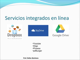 •Youtube
•Diigo
•Picassa
•pdfburger

Prof. Nelba Quintana

 