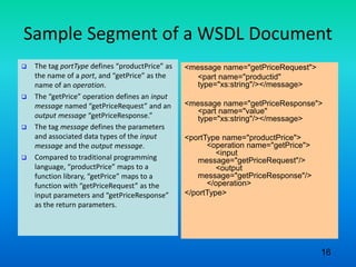 Sample Segment of a WSDL Document
 The tag portType defines “productPrice” as
the name of a port, and “getPrice” as the
name of an operation.
 The “getPrice” operation defines an input
message named “getPriceRequest” and an
output message “getPriceResponse.”
 The tag message defines the parameters
and associated data types of the input
message and the output message.
 Compared to traditional programming
language, “productPrice” maps to a
function library, “getPrice” maps to a
function with “getPriceRequest” as the
input parameters and “getPriceResponse”
as the return parameters.
<message name="getPriceRequest">
<part name="productid"
type="xs:string"/></message>
<message name="getPriceResponse">
<part name="value"
type="xs:string"/></message>
<portType name="productPrice">
<operation name="getPrice">
<input
message="getPriceRequest"/>
<output
message="getPriceResponse"/>
</operation>
</portType>
16
 