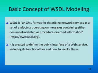 Basic Concept of WSDL Modeling
 WSDL is “an XML format for describing network services as a
set of endpoints operating on messages containing either
document-oriented or procedure-oriented information”
(http://www.wsdl.org).
 It is created to define the public interface of a Web service,
including its functionalities and how to invoke them.
11
 
