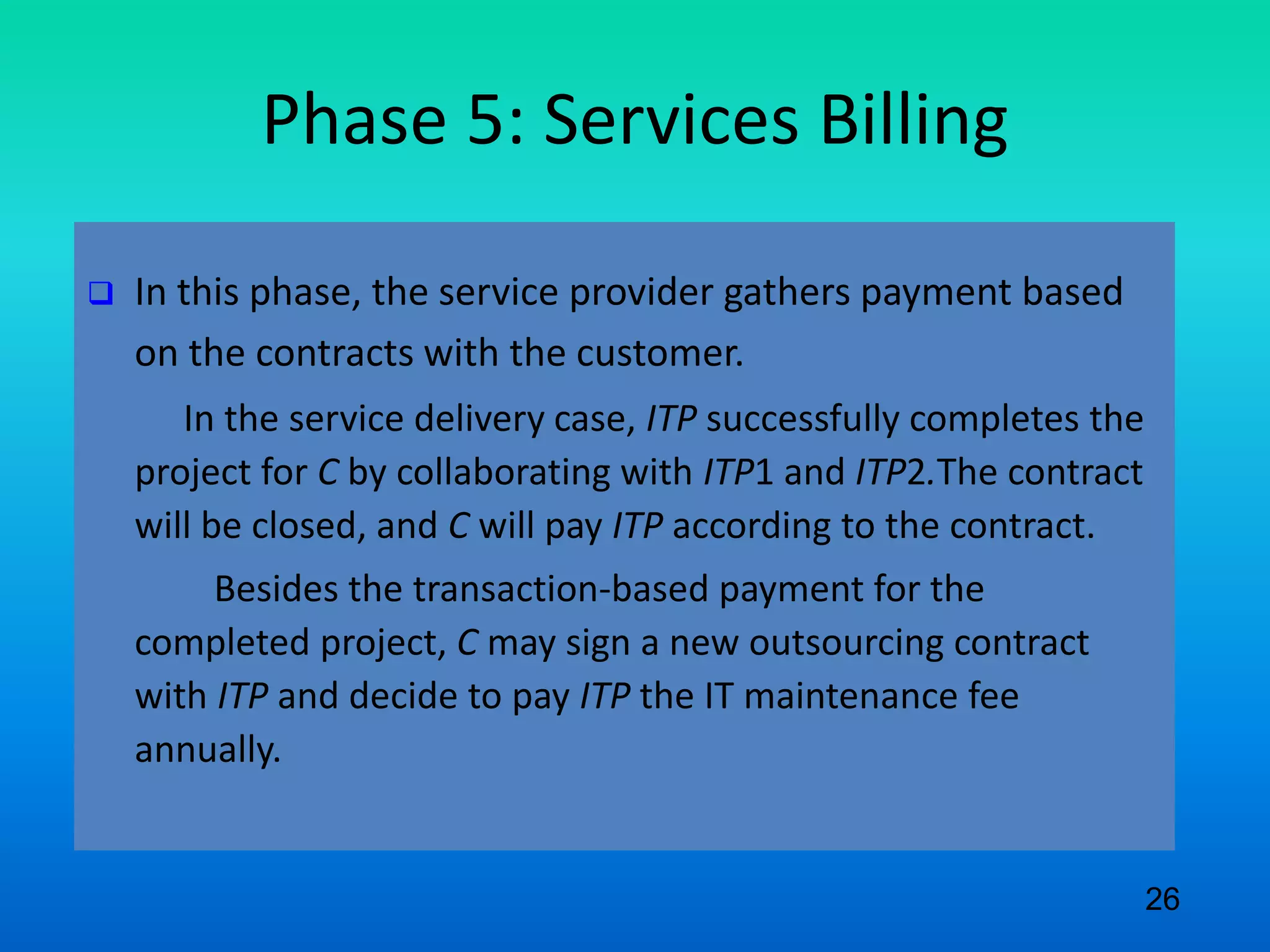 Phase 5: Services Billing
 In this phase, the service provider gathers payment based
on the contracts with the customer.
In the service delivery case, ITP successfully completes the
project for C by collaborating with ITP1 and ITP2.The contract
will be closed, and C will pay ITP according to the contract.
Besides the transaction-based payment for the
completed project, C may sign a new outsourcing contract
with ITP and decide to pay ITP the IT maintenance fee
annually.
26
 
