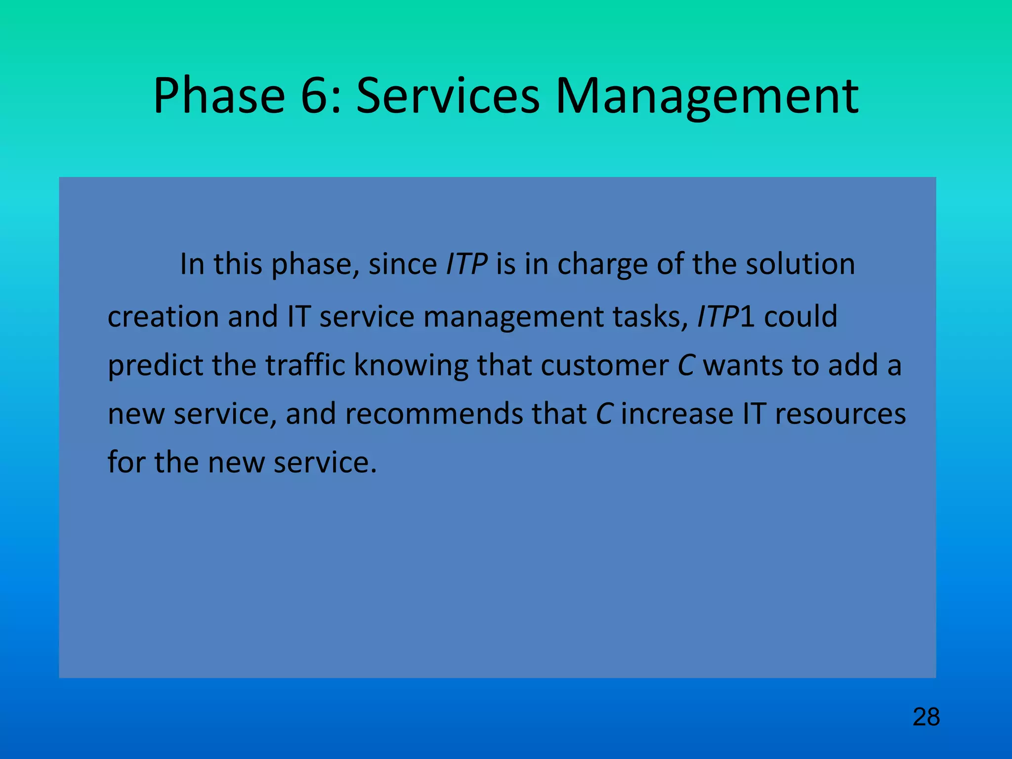 Phase 6: Services Management
In this phase, since ITP is in charge of the solution
creation and IT service management tasks, ITP1 could
predict the traffic knowing that customer C wants to add a
new service, and recommends that C increase IT resources
for the new service.
28
 