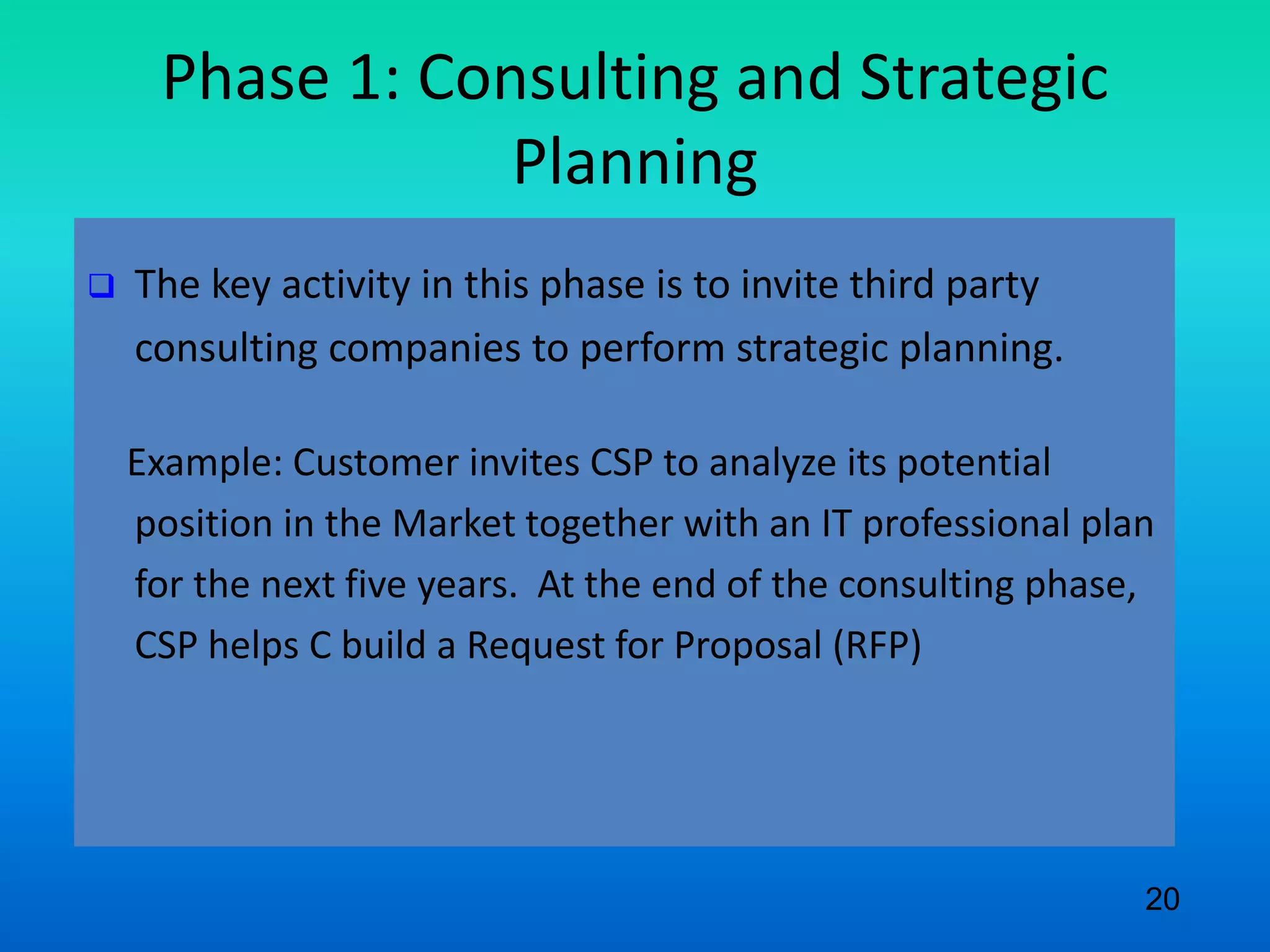 Phase 1: Consulting and Strategic
Planning
 The key activity in this phase is to invite third party
consulting companies to perform strategic planning.
Example: Customer invites CSP to analyze its potential
position in the Market together with an IT professional plan
for the next five years. At the end of the consulting phase,
CSP helps C build a Request for Proposal (RFP)
20
 