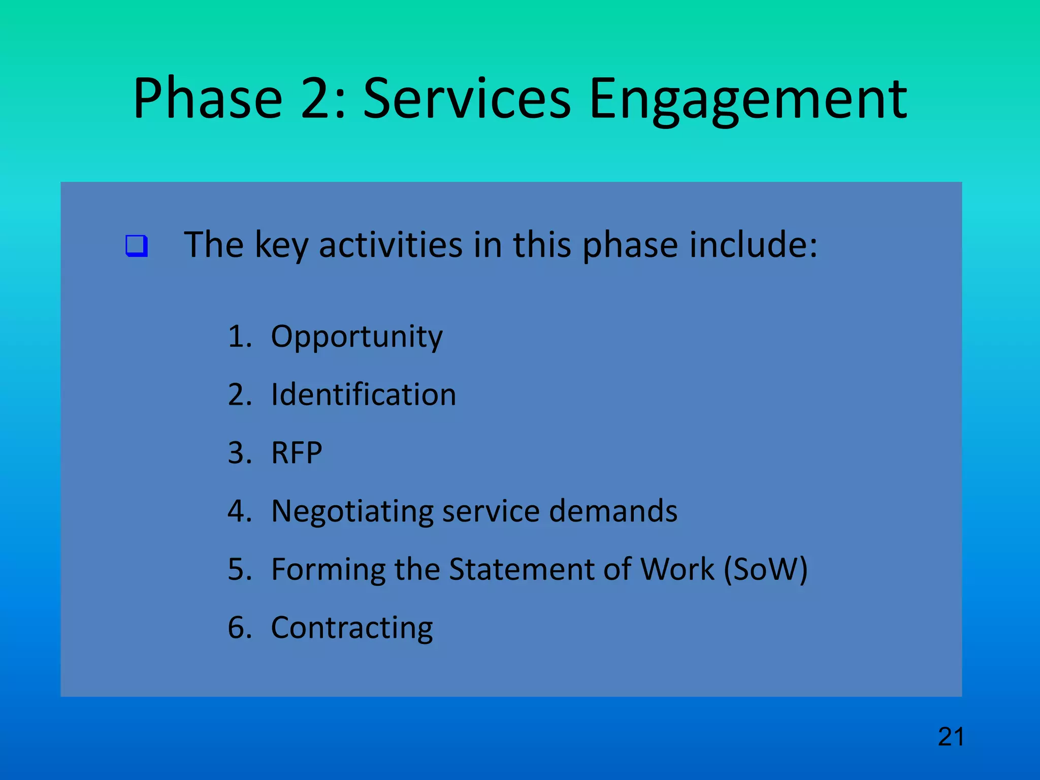 Phase 2: Services Engagement
 The key activities in this phase include:
1. Opportunity
2. Identification
3. RFP
4. Negotiating service demands
5. Forming the Statement of Work (SoW)
6. Contracting
21
 