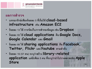 ผลการสารวจ
• บรรณารั กษ์ เพียงร้ อยละ 5 ที่เริ่มใช้ cloud-based
  infrastructure เช่ น Amazon EC2
• ร้ อยละ 13 ใช้ การจัดเก็บ/การสารองข้ อมูล เช่ น Dropbox
• ร้ อยละ 55 ใช้ cloud applications คือ Google Docs,
  Google Calendar และ Gmail
• ร้ อยละ 66 ใช้ sharing applications คือ Facebook,
  Twitter, Flickr และYoutube ตามลาดับ
• ร้ อยละ 19 (57 คน) ระบุว่าสร้ าง library-related
  application แต่ มีเพียง 5 คน ที่ระบุว่านาไปวางตลาดเช่ น Apple
  Store                                                        14
 