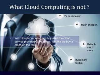 What Cloud Computing is not ?
 With cloud computing, we buy what the cloud
service provider(CSP), offers, just like we buy a
dress off the rack.
 It's much faster.
 Much cheaper.
 Reliable
much
more.
 Much more
flexible.
 
