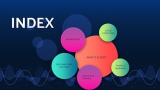 INDEX
2
WHAT IS CLOUD?
INTRODUCTION
PROS AND CONS
TO CLOUD
CLOUD
COMPUTING
Types of cloud
computing
Services &
Applications
 