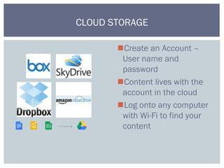 Create an Account –
User name and
password
Content lives with the
account in the cloud
Log onto any computer
with Wi-Fi to find your
content
CLOUD STORAGE
 