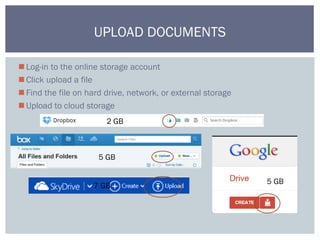 Log-in to the online storage account
Click upload a file
Find the file on hard drive, network, or external storage
Upload to cloud storage
UPLOAD DOCUMENTS
5 GB
5 GB
2 GB
7 GB
 