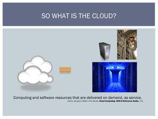 SO WHAT IS THE CLOUD?
Computing and software resources that are delivered on demand, as service.
(2013, January) A Walk in the Clouds. Cloud Computing, CDW-G Reference Guide., 3-5.
 
