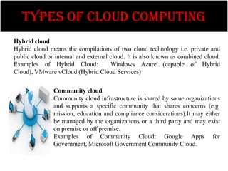 TYPES OF CLOUD COMPUTING
Hybrid cloud
Hybrid cloud means the compilations of two cloud technology i.e. private and
public cloud or internal and external cloud. It is also known as combined cloud.
Examples of Hybrid Cloud:             Windows Azure (capable of Hybrid
Cloud), VMware vCloud (Hybrid Cloud Services)

               Community cloud
               Community cloud infrastructure is shared by some organizations
               and supports a specific community that shares concerns (e.g.
               mission, education and compliance considerations).It may either
               be managed by the organizations or a third party and may exist
               on premise or off premise.
               Examples of Community Cloud: Google Apps for
               Government, Microsoft Government Community Cloud.
 