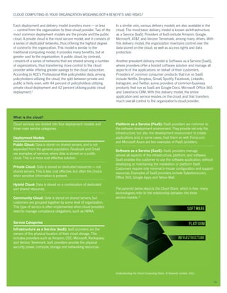 What is the cloud?
Cloud services are divided into four deployment models and
three main service categories.
Deployment Models
Public Cloud: Data is stored on shared servers, and is not
separated from the general population. Facebook and Gmail
are examples of services where data is stored on a public
cloud. This is a more cost effective solution.
Private Cloud: Data is stored on dedicated resources — not
shared servers. This is less cost effective, but often the choice
when sensitive information is present.
Hybrid Cloud: Data is stored on a combination of dedicated
and shared resources.
Community Cloud: Data is stored on shared servers, but
customers are grouped together by some level of organization.
This type of service is often implemented when cloud providers
need to manage compliance obligations, such as HIPAA.
Service Categories
Infrastructure as a Service (IaaS): IaaS providers are the
owners of the physical location of their cloud storage. This
includes providers such as Amazon, CSC, Microsoft, Rackspace,
and Verizon Terremark. IaaS providers provide the physical
security, power, compute, storage and networking resources.
Platform as a Service (PaaS): PaaS providers are common to
the software development environment. They provide not only the
infrastructure, but also the development environment to create
applications and, in some cases, host them as well. Force.com
and Microsoft Azure are two examples of PaaS providers.
Software as a Service (SaaS): SaaS providers manage
almost all aspects of the infrastructure, platform, and software.
SaaS enables the customer to use the software application, without
developing or maintaining the installation or platform itself.
Customers require only minimal in-house configuration and support
resources. Examples of SaaS providers include Salesforce.com,
Office 365, Google Apps and Yahoo Mail.
The pyramid below depicts the Cloud Stack, which is how many
technologists refer to the relationship between the three
service models.17
Understanding the Cloud Computing Stack, © Diversity Limited, 2011.
Each deployment and delivery model transfers more — or less
— control from the organization to their cloud provider. Two of the
most common deployment models are the private and the public
cloud. A private cloud is the most secure model, and it consists of
a series of dedicated networks, thus offering the highest degree
of control to the organization. This model is similar to the
traditional computing model; it provides many benefits, but at
greater cost to the organization. A public cloud, by contrast,
consists of a series of networks that are shared among a number
of organizations, thus transferring more control to the cloud
provider while offering greater savings to the cloud subscriber.
According to ACE’s Professional Risk policyholder data, among
policyholders utilizing the cloud, the split between private and
public is fairly even, with 44 percent of policyholders utilizing
private cloud deployment and 42 percent utilizing public cloud
deployment.2
In a similar vein, various delivery models are also available in the
cloud. The most basic delivery model is known as Infrastructure
as a Service (IaaS). Providers of IaaS include Amazon, Google,
Microsoft, AT&T, and Verizon Terremark, among many others. With
this delivery model, the organization maintains control over the
data stored on the cloud, as well as access rights and data
protection.
Another prevalent delivery model is Software as a Service (SaaS),
where providers offer a hosted software solution and manage all
aspects of the applications on behalf of their customers.
Providers of common consumer products that run as SaaS
include Netflix, Dropbox, Gmail, Spotify, Facebook, LinkedIn,
Instagram, and Twitter; some providers of common business
products that run as SaaS are Google Docs, Microsoft Office 365
and Salesforce CRM. With this delivery model, the entire
application and service resides on the cloud, and that transfers
much overall control to the organization’s cloud provider.
02
CLOUD COMPUTING: IS YOUR ORGANIZATION WEIGHING BOTH BENEFITS AND RISKS?
 