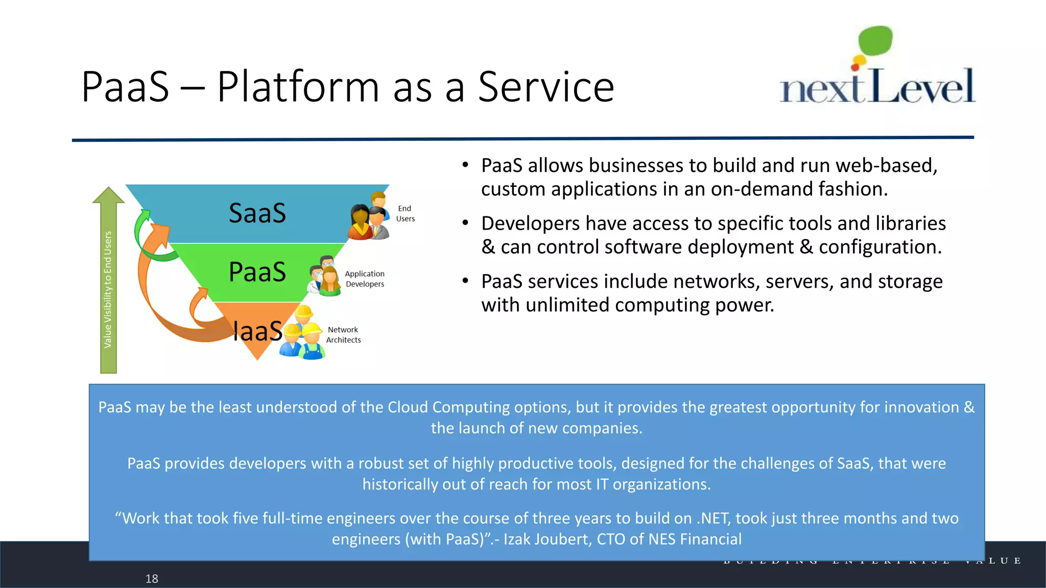 PaaS – Platform as a Service
• PaaS allows businesses to build and run web-based,
custom applications in an on-demand fashion.
• Developers have access to specific tools and libraries
& can control software deployment & configuration.
• PaaS services include networks, servers, and storage
with unlimited computing power.
18
PaaS may be the least understood of the Cloud Computing options, but it provides the greatest opportunity for innovation &
the launch of new companies.
PaaS provides developers with a robust set of highly productive tools, designed for the challenges of SaaS, that were
historically out of reach for most IT organizations.
“Work that took five full-time engineers over the course of three years to build on .NET, took just three months and two
engineers (with PaaS)”.- Izak Joubert, CTO of NES Financial
 