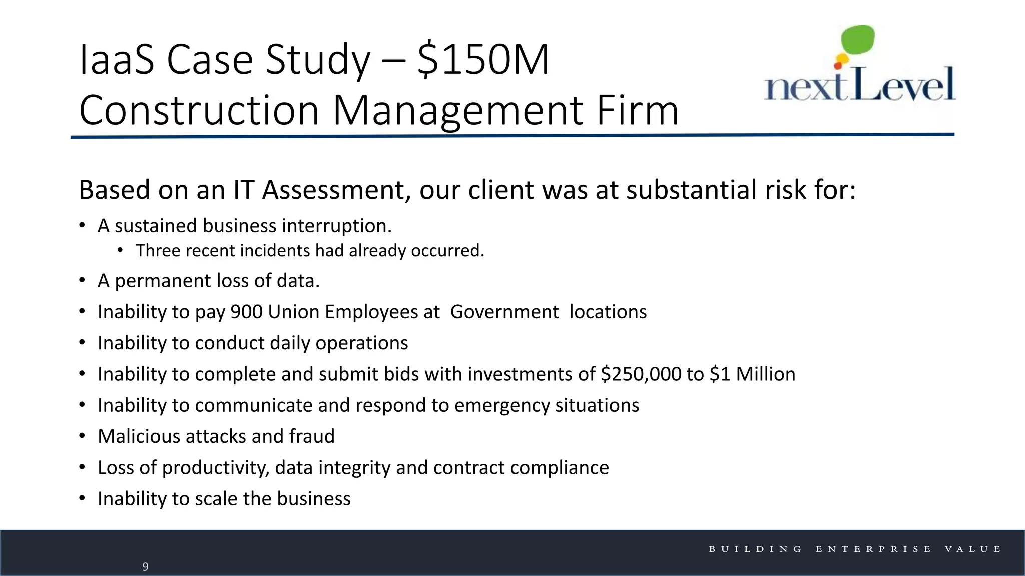 IaaS Case Study – $150M
Construction Management Firm
Based on an IT Assessment, our client was at substantial risk for:
• A sustained business interruption.
• Three recent incidents had already occurred.
• A permanent loss of data.
• Inability to pay 900 Union Employees at Government locations
• Inability to conduct daily operations
• Inability to complete and submit bids with investments of $250,000 to $1 Million
• Inability to communicate and respond to emergency situations
• Malicious attacks and fraud
• Loss of productivity, data integrity and contract compliance
• Inability to scale the business
9
 
