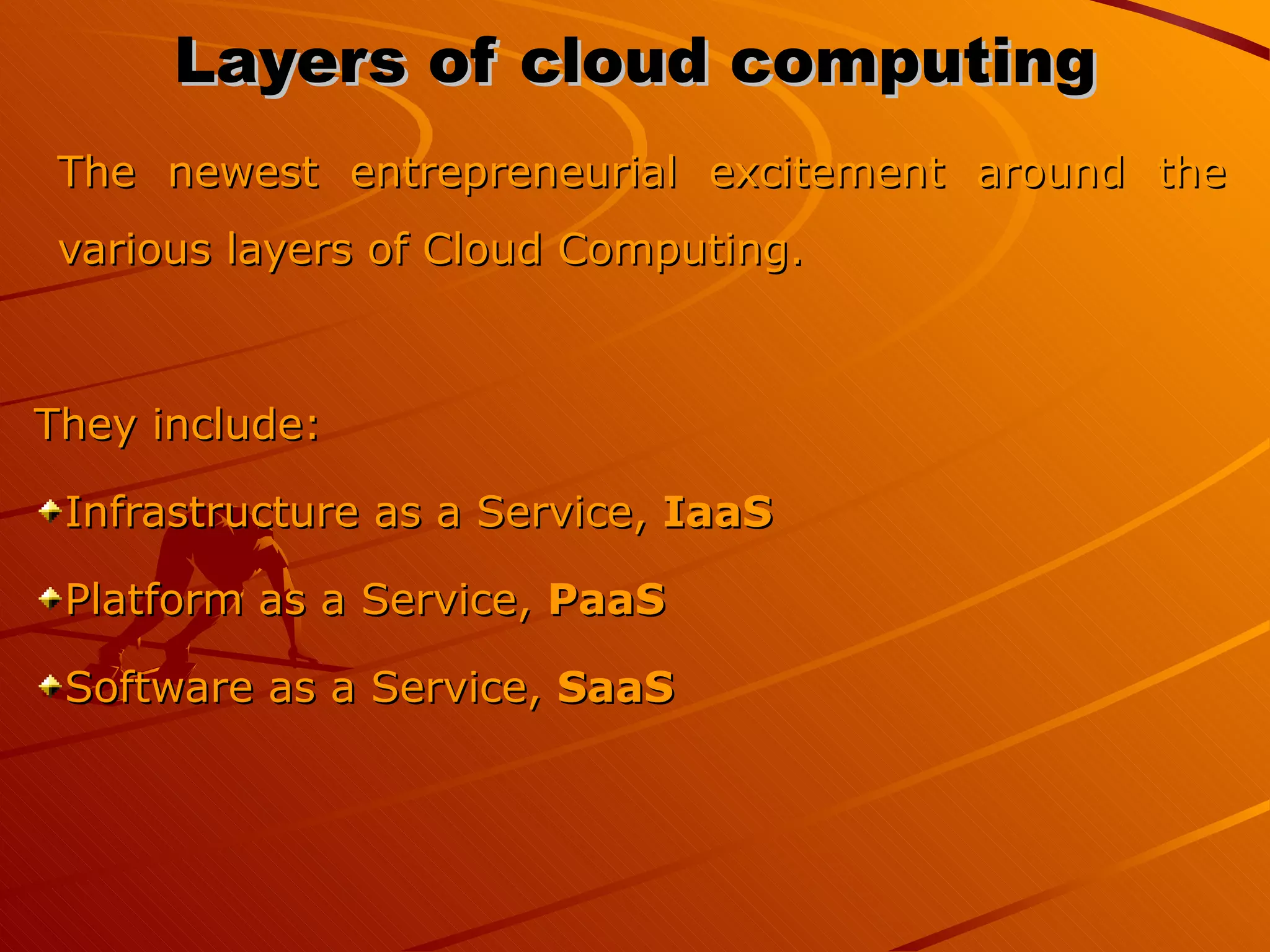 Layers of cloud computing The newest entrepreneurial excitement around the various layers of Cloud Computing.  They include: Infrastructure as a Service,  IaaS Platform as a Service,  PaaS Software as a Service,  SaaS 