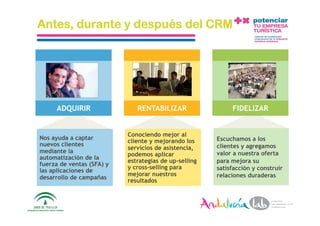Antes, durante y después del CRM




     ADQUIRIR                    RENTABILIZAR                  FIDELIZAR


                              Conociendo mejor al
Nos ayuda a captar                                        Escuchamos a los
                              cliente y mejorando los
nuevos clientes                                           clientes y agregamos
                              servicios de asistencia,
mediante la                                               valor a nuestra oferta
                              podemos aplicar
automatización de la
                              estrategias de up-selling   para mejora su
fuerza de ventas (SFA) y
                              y cross-selling para        satisfacción y construir
las aplicaciones de
                              mejorar nuestros            relaciones duraderas
desarrollo de campañas
                              resultados



 1/6/10           Departamento de Marke2ng ‐ Socialtec                               28 
 