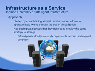 Infrastructure as a Service
Indiana University’s “Intelligent Infrastructure”
•   Approach
     •   Started by consolidating several hundred servers down to
         approximately twenty through the use of virtualization
     •   Had such great success that they decided to employ the same
         strategy to storage
          •   Offered private cloud to university departments, schools, and regional
              campuses




                                                                                   5
 