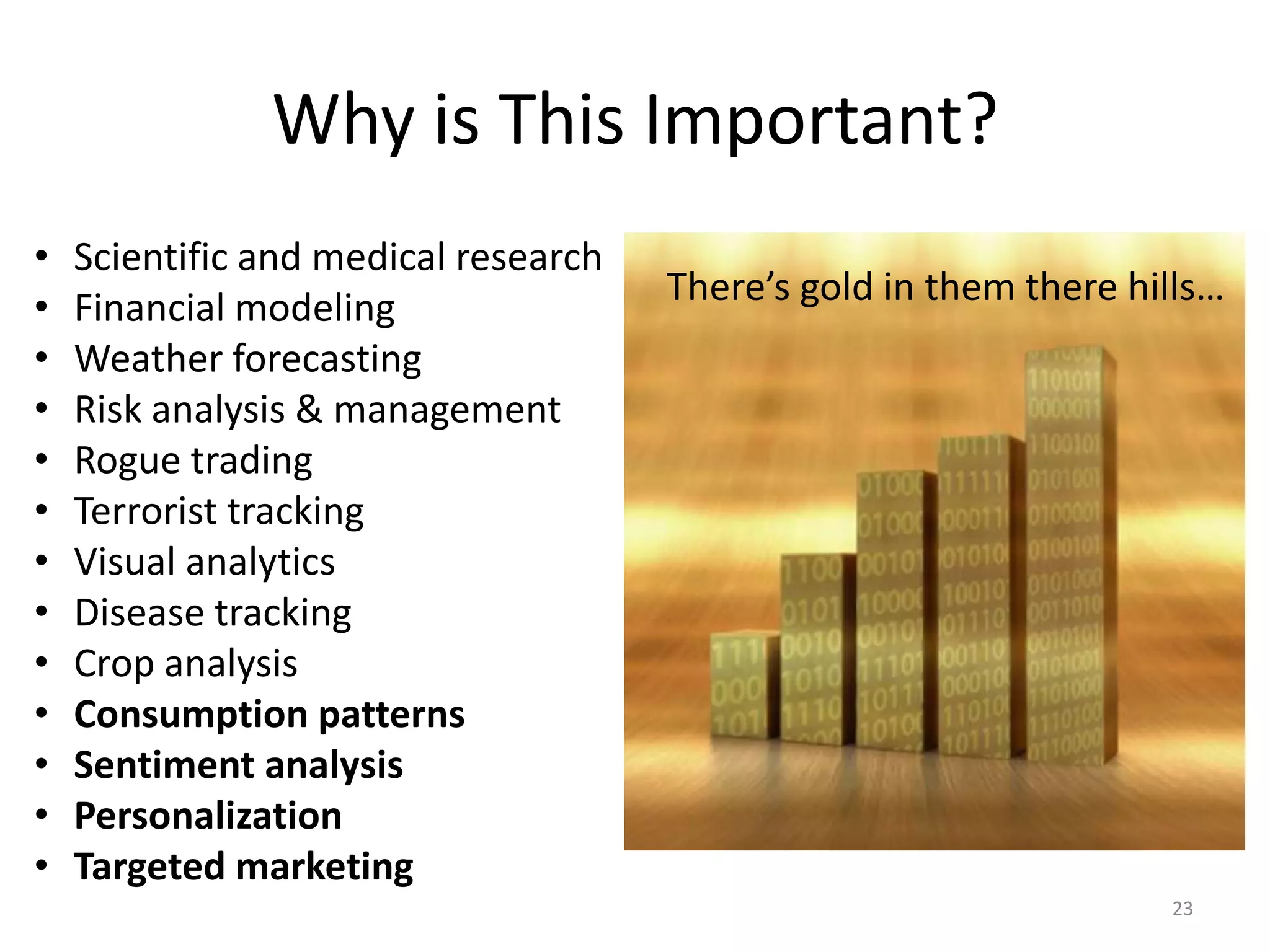 Why is This Important?
•   Scientific and medical research
•   Financial modeling                There’s gold in them there hills…
•   Weather forecasting
•   Risk analysis & management
•   Rogue trading
•   Terrorist tracking
•   Visual analytics
•   Disease tracking
•   Crop analysis
•   Consumption patterns
•   Sentiment analysis
•   Personalization
•   Targeted marketing
                                                                   23
 