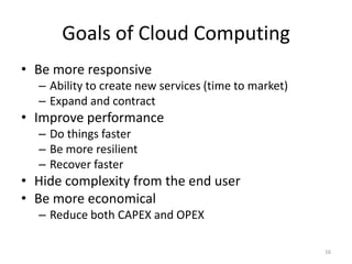 Goals of Cloud Computing
• Be more responsive
  – Ability to create new services (time to market)
  – Expand and contract
...