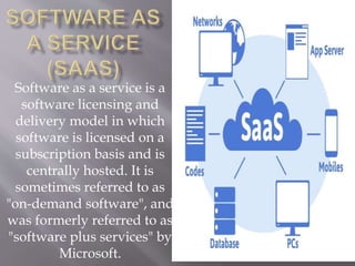 Software as a service is a
software licensing and
delivery model in which
software is licensed on a
subscription basis and is
centrally hosted. It is
sometimes referred to as
"on-demand software", and
was formerly referred to as
"software plus services" by
Microsoft.
 