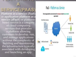 Platform as a service (PaaS)
or application platform as a
service (aPaaS) or platform-
based service is a category
of cloud computing
services that provides
a platform allowing
customers to develop, run,
and manage applications
without the complexity of
building and maintaining
the infrastructure typically
associated with developing
and launching an app.
 