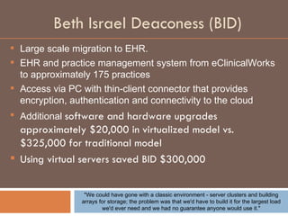 Beth Israel Deaconess (BID) "We could have gone with a classic environment - server clusters and building arrays for storage; the problem was that we'd have to build it for the largest load we'd ever need and we had no guarantee anyone would use it." Large scale migration to EHR. EHR and practice management system from eClinicalWorks to approximately 175 practices Access via PC with thin-client connector that provides encryption, authentication and connectivity to the cloud Additional  software and hardware upgrades approximately $20,000 in virtualized model vs. $325,000 for traditional model Using virtual servers saved BID $300,000  