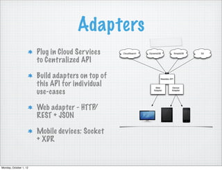 Adapters
                        Plug in Cloud Ser vices    CloudSearch   DynamoDB              SimpleDB   S3


                        to Centralized API

                        Build adapters on top of                         Newstex API

                        this API for individual                      Web          Device

                        use-cases                                   Adapter       Adapter




                        Web adapter - HTTP/
                        REST + JSON

                        Mobile devices: Socket
                        + XDR


Monday, October 1, 12
 