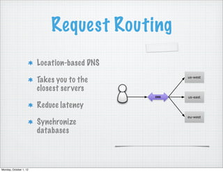 Request Routing
                        Location-based DNS
                                                   us-west
                        Takes you to the
                        closest ser vers
                                             DNS   us-east

                        Reduce latency
                                                   eu-west
                        Synchronize
                        databases



Monday, October 1, 12
 