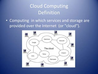 Cloud ComputingDefinitionComputing  in which services and storage are provided over the Internet  (or "cloud").