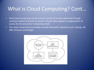 What is Cloud Computing? Cont…Most cloud computing infrastructures consist of services delivered through common centers and built on servers. Clouds often appear as single points of access for all consumers' computing needs. The major cloud service providers include Microsoft, Salesforce.com, Skytap, HP, IBM, Amazon and Google.