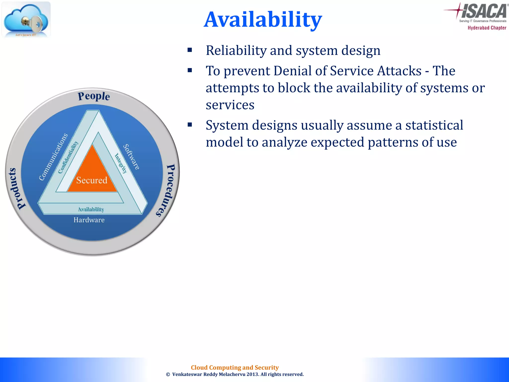 © 2010. All rights reserved.
Cloud Computing and Security
© Venkateswar Reddy Melachervu 2013. All rights reserved.
Availability
 Reliability and system design
 To prevent Denial of Service Attacks - The
attempts to block the availability of systems or
services
 System designs usually assume a statistical
model to analyze expected patterns of use
 