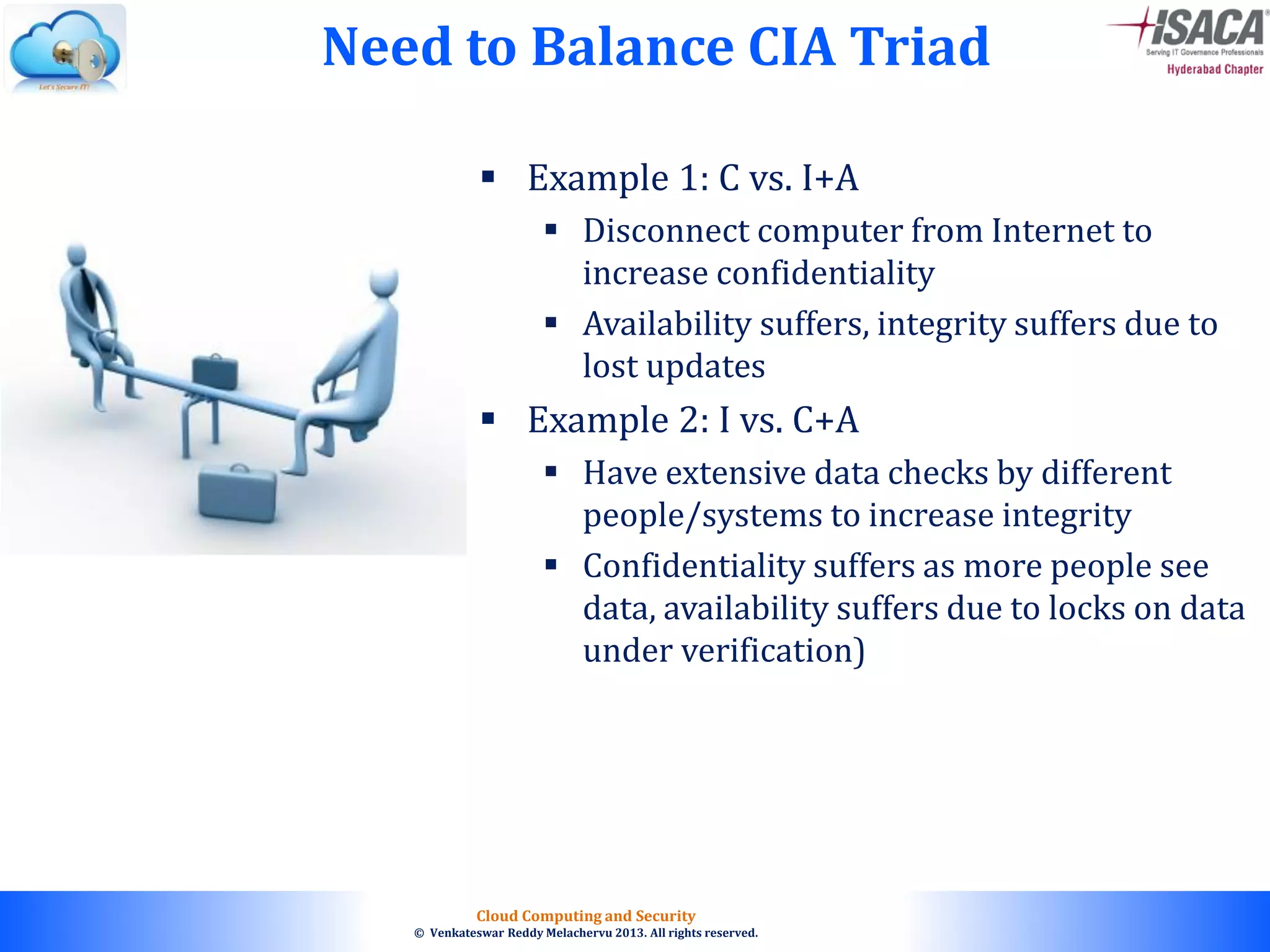 © 2010. All rights reserved.
Cloud Computing and Security
© Venkateswar Reddy Melachervu 2013. All rights reserved.
 Example 1: C vs. I+A
 Disconnect computer from Internet to
increase confidentiality
 Availability suffers, integrity suffers due to
lost updates
 Example 2: I vs. C+A
 Have extensive data checks by different
people/systems to increase integrity
 Confidentiality suffers as more people see
data, availability suffers due to locks on data
under verification)
Need to Balance CIA Triad
 