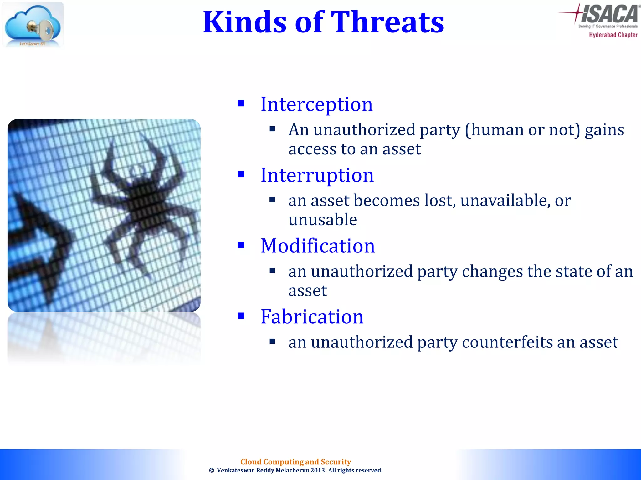 © 2010. All rights reserved.
Cloud Computing and Security
© Venkateswar Reddy Melachervu 2013. All rights reserved.
Kinds of Threats
 Interception
 An unauthorized party (human or not) gains
access to an asset
 Interruption
 an asset becomes lost, unavailable, or
unusable
 Modification
 an unauthorized party changes the state of an
asset
 Fabrication
 an unauthorized party counterfeits an asset
 