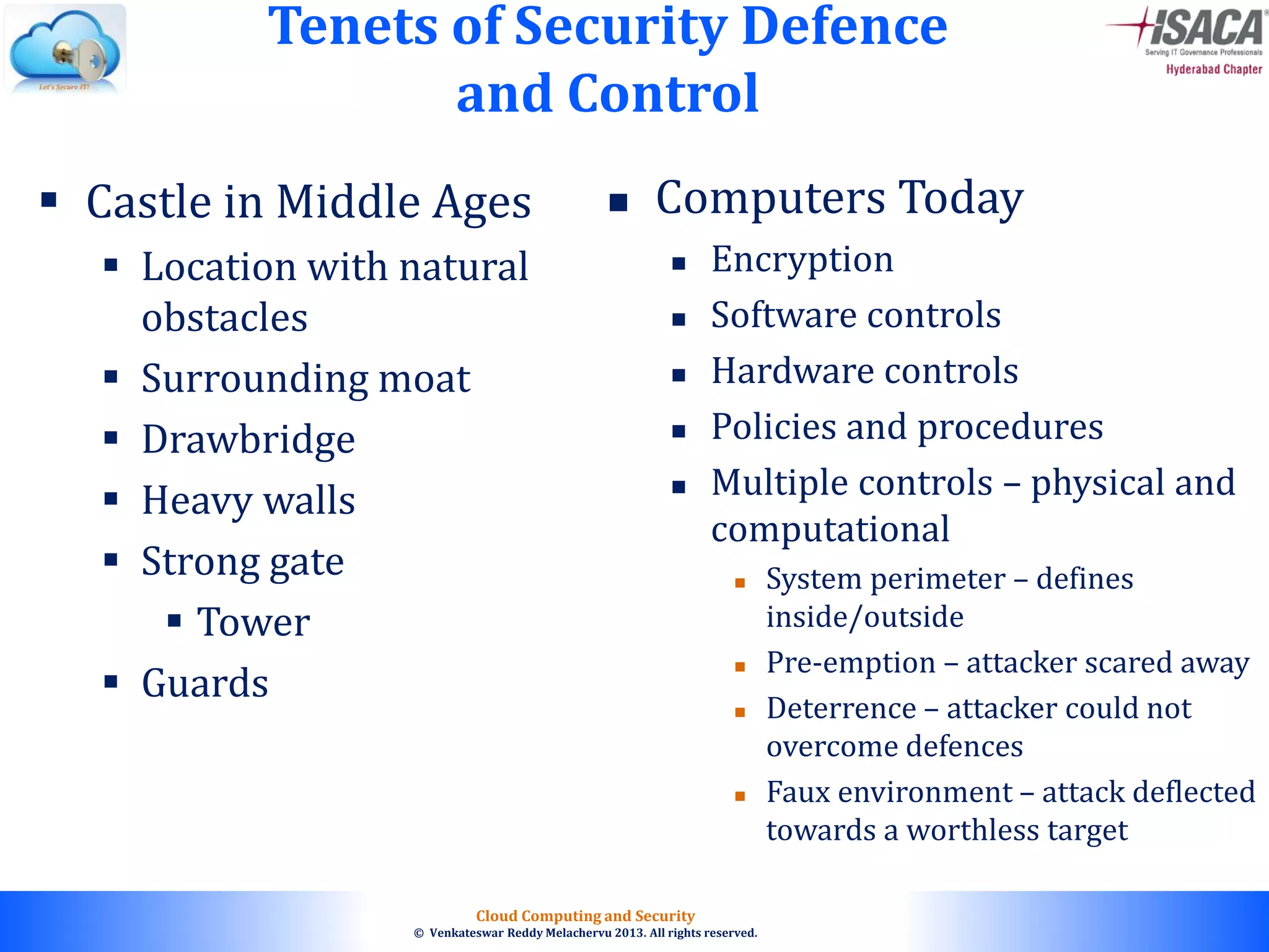 © 2010. All rights reserved.
Cloud Computing and Security
© Venkateswar Reddy Melachervu 2013. All rights reserved.
 Castle in Middle Ages
 Location with natural
obstacles
 Surrounding moat
 Drawbridge
 Heavy walls
 Strong gate
 Tower
 Guards
 Computers Today
 Encryption
 Software controls
 Hardware controls
 Policies and procedures
 Multiple controls – physical and
computational
 System perimeter – defines
inside/outside
 Pre-emption – attacker scared away
 Deterrence – attacker could not
overcome defences
 Faux environment – attack deflected
towards a worthless target
Tenets of Security Defence
and Control
 